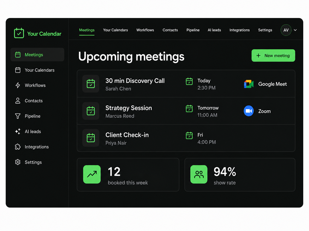 Your Calendar meetings dashboard showing upcoming bookings